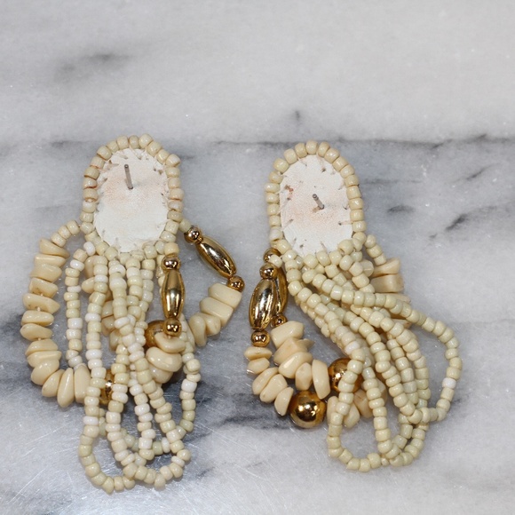 Tropical White & Gold Bead Earrings Leather Back - Picture 3 of 4